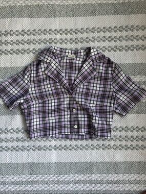 Brandy Melville Purple Green and White Plaid Cropped Button-Up Top